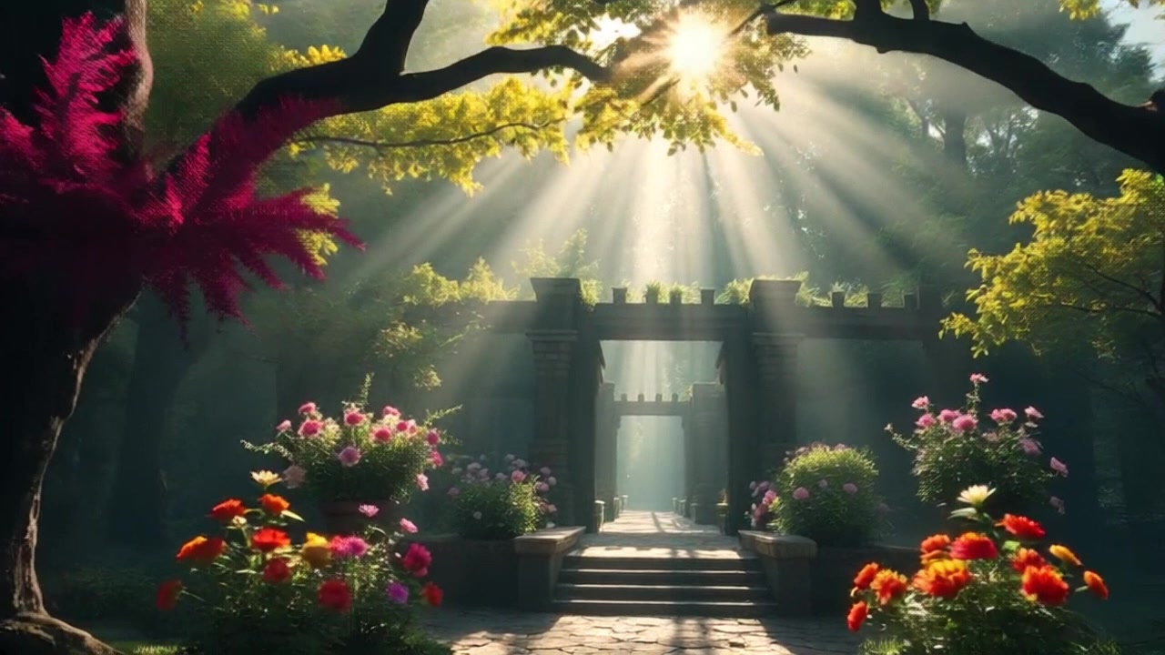 Scene: A lush, magical forest filled with vibrant green trees and colorful flowers, sunlight streaming through the leaves. Style: Warm, dappled lighting creates a magical atmosphere as beams of sunlight cut through the dense foliage. Motion: The camera glides smoothly through the underbrush, weaving between trees and flowers, revealing the enchanting details of the forest.