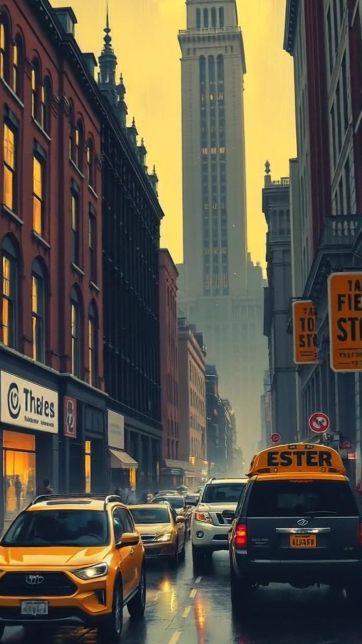 Scene: A bustling city street vibrant with the movement of pedestrians and the flow of cars, framed by a tall building in the background. Lighting: Bright daylight, capturing the dynamic energy of urban life. Motion: The camera pans smoothly along the street, tracking people as they walk and vehicles as they drive, immersing viewers in the lively atmosphere of the city.