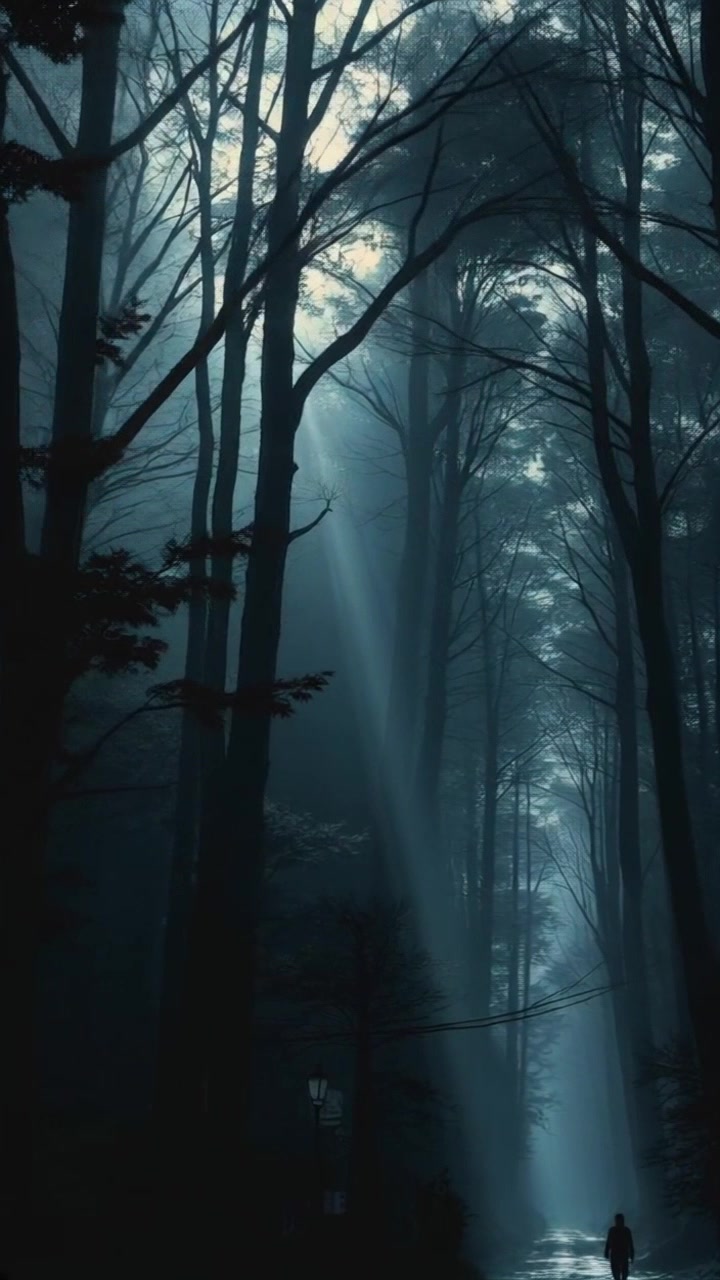 Scene: A dense forest with tall trees, sunlight gently filtering through the lush green leaves, creating a serene atmosphere. Style: Soft, ambient light casting dappled shadows on the forest floor, enhancing the richness of the foliage. Motion: The camera glides smoothly through the forest, weaving between the trunks, capturing the play of light and shadow, with leaves rustling softly in a light breeze.