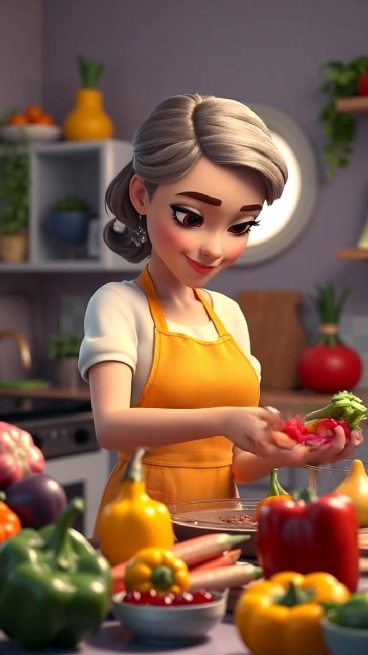 Subject: A skilled chef meticulously chopping vibrant vegetables. Subject movement: The chef moves confidently, tossing ingredients into a colorful mix while occasionally pausing to taste. Scene: A lively kitchen filled with a variety of fresh fruits and vegetables displayed on rustic wooden surfaces. Style: Bright, natural lighting streaming through the window, creating a cheerful and inviting atmosphere. Motion: The camera performs a gentle push-in on the chef's focused expression, then pans smoothly to showcase the colorful ingredients, capturing the energy and chaos of the cooking process.