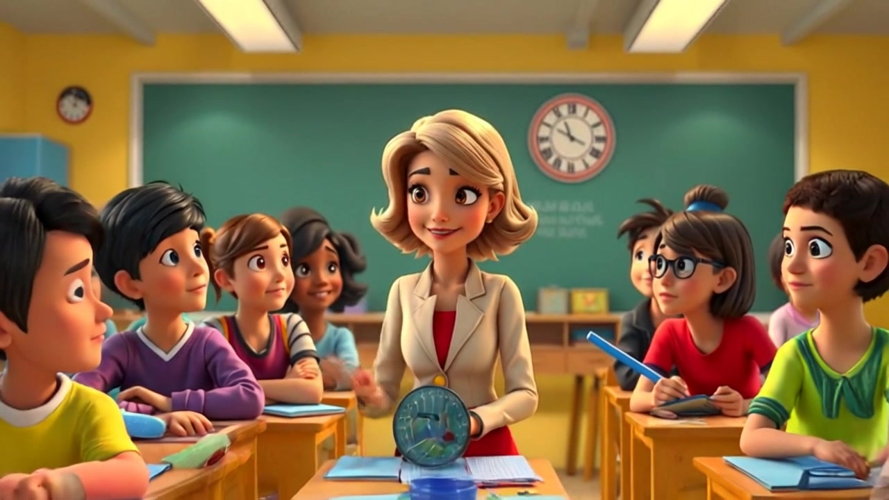 Scene: A well-lit classroom filled with students attentively listening to their teacher at the front, creating an atmosphere of respect and focus. Style: Soft, natural lighting streaming in from the windows, casting gentle shadows across the desks. Motion: The camera performs a smooth pan across the classroom, capturing individual expressions of concentration, before zooming in on the teacher as she gestures thoughtfully, engaging her students.