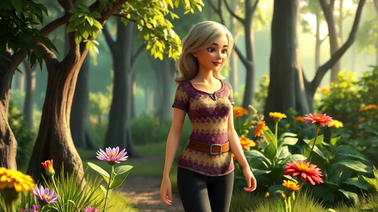 Subject: A figure walking through a lush green forest. Subject movement: The figure strides confidently, gently brushing away leaves and wildflowers as they move. Scene: A vibrant forest filled with tall trees and colorful wildflowers, creating a serene oasis. Style: Soft, diffused sunlight filtering through the canopy, casting dappled shadows on the forest floor. Motion: The camera follows closely behind, tracking the figure's movement seamlessly, while occasionally panning to capture the beauty of the surrounding flora.