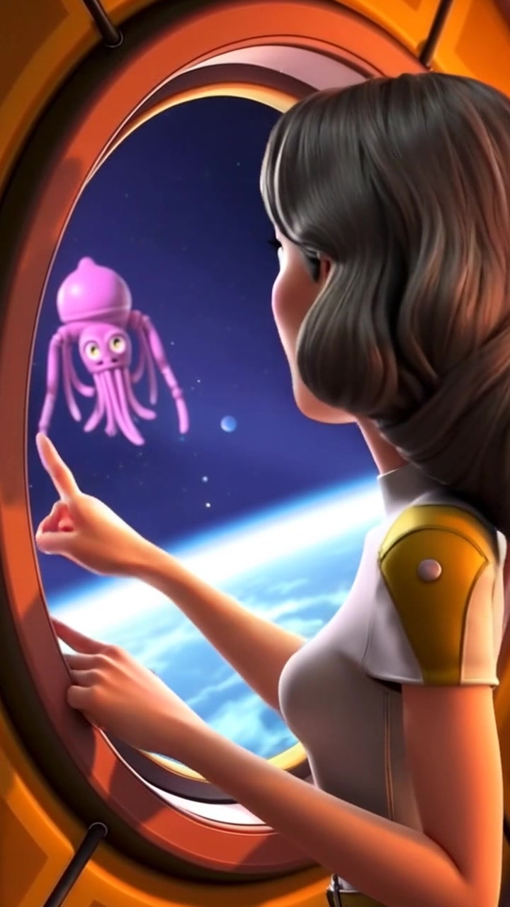 Subject: Dolores, filled with determination, gestures emphatically towards a space squid just outside the viewport. Subject movement: She moves her arm swiftly to point, conveying urgency and surprise. Scene: Inside a futuristic spacecraft, with sleek control panels reflecting the glow of distant stars and the magnificent space squid just beyond the glass. Style: Ambient light highlighting the contrast between the interior of the ship and the infinite cosmos outside. Motion: The camera tracks closely alongside Dolores as she points, capturing her expression and the enormous squid as it gracefully glides past the viewport.