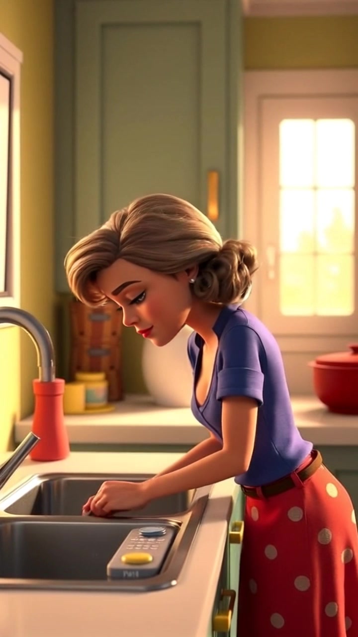 Subject: Dolores, leaning towards the sink with a focused expression. Subject movement: She shifts her weight slightly as she prepares to wash dishes. Scene: A bright, sunlit kitchen with a modern design, filled with various cooking utensils and fresh ingredients. Style: Morning light streaming through a window, creating a fresh and inviting atmosphere. Motion: Camera pushes in gently, focusing on Dolores' concentrated face as she works at the counter, with soft background details blurring out.