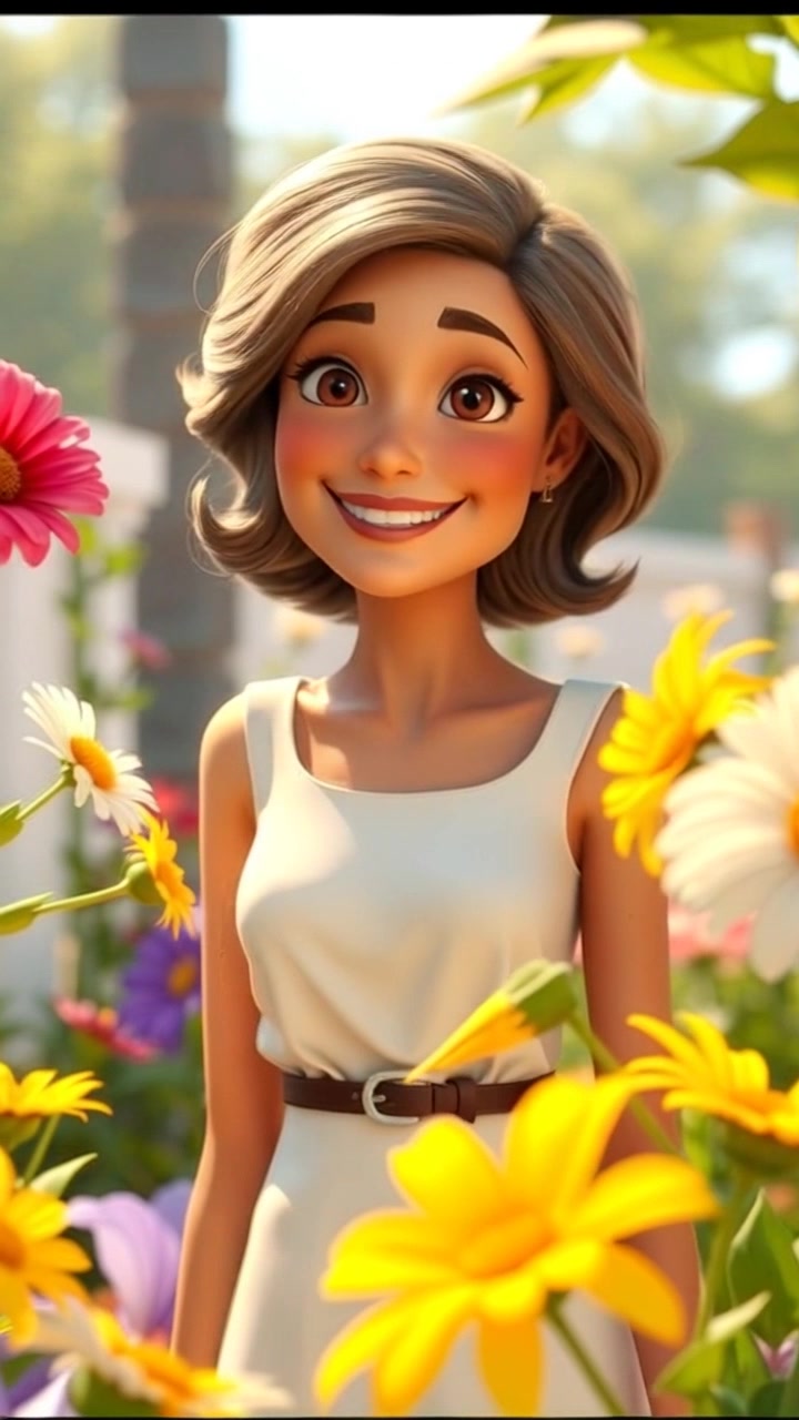 Subject: Dolores in a sunlit garden, surrounded by colorful flowers. Subject movement: She stands joyfully, animatedly expressing her line. Scene: Vibrant garden in full bloom, with sunlight filtering through leaves and flowers. Style: Bright, warm lighting that enhances the colors of the flowers and the atmosphere. Motion: Camera gently moves in on Dolores, capturing her joyful expression while flowers sway lightly in the breeze.
