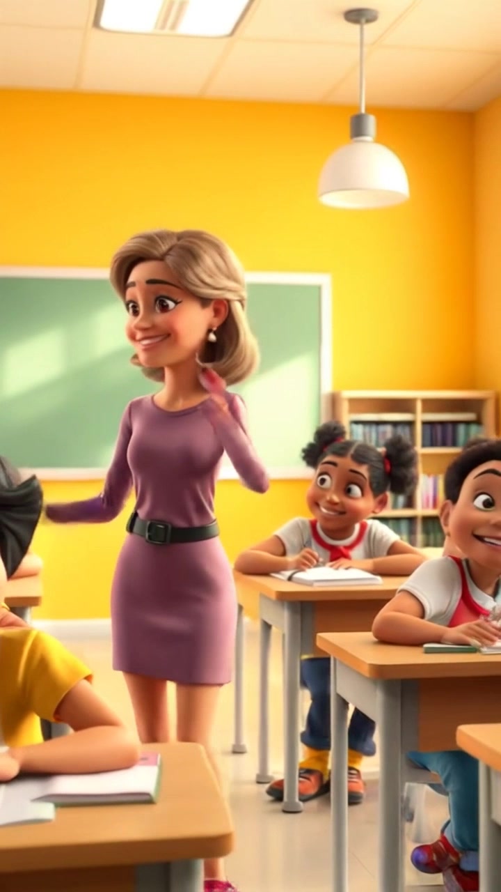Subject: A lively teacher encouraging her students in a bright classroom. Subject movement: She walks between the desks, smiling and gesturing enthusiastically. Scene: Colorful classroom filled with engaged students sitting at their desks, books and art supplies scattered around. Style: Warm, natural light flooding through large windows, creating an inviting atmosphere. Motion: Camera pans gently from one side of the room to the other, capturing the interaction and vibrant energy in the classroom.