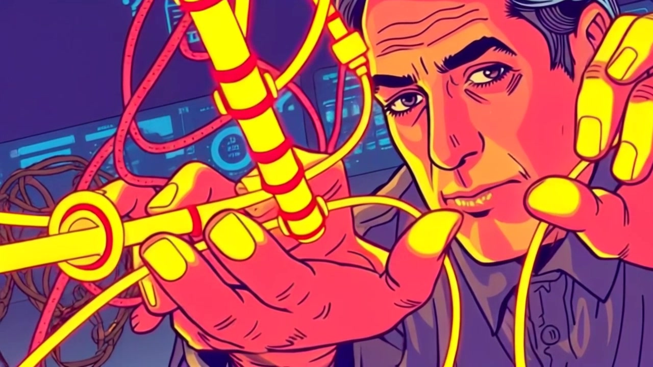 Scene: A close-up of hands deftly manipulating glowing wires and intricate gadgets, set against a dark, high-tech workshop background. Style: Cool ambient lighting highlighting the bright glow of the wires, creating a futuristic atmosphere. Motion: The camera smoothly glides around the hands, capturing the precision of their movements as they connect and adjust the gadgets.