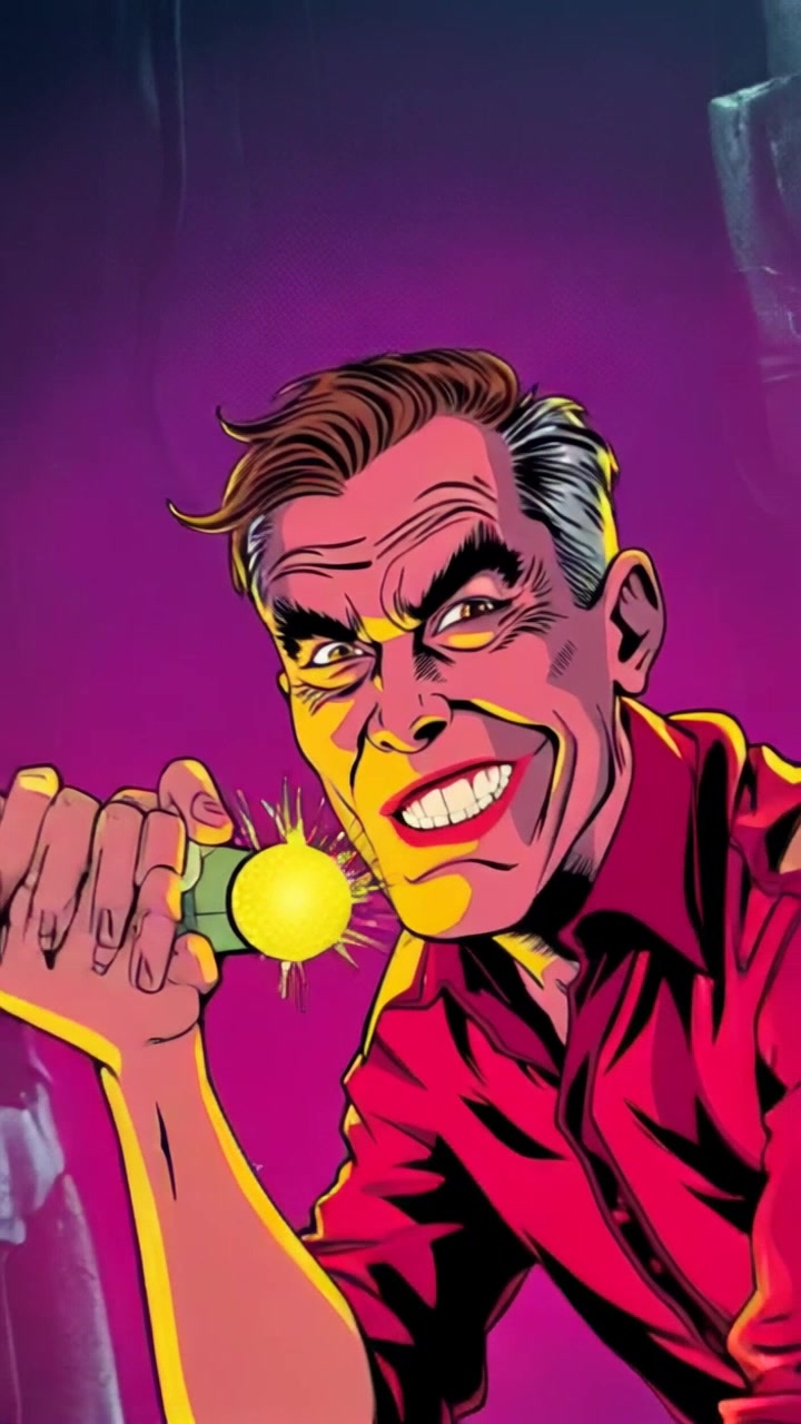 Subject: A character with a maniacal grin, intensely focused on a strange glowing device in his hand. Subject movement: He begins to lean forward with excitement, showcasing the glowing device's pulsating light. Scene: An eerie, dimly lit laboratory filled with mysterious gadgets and shadows cast by flickering lights. Style: Ambient lighting highlighting the device, creating a halo effect in the dimness. Motion: Camera zooms in on the character's face, capturing the gleam in his eyes as he manipulates the device, then pulls back to reveal the chaotic surroundings of the lab.