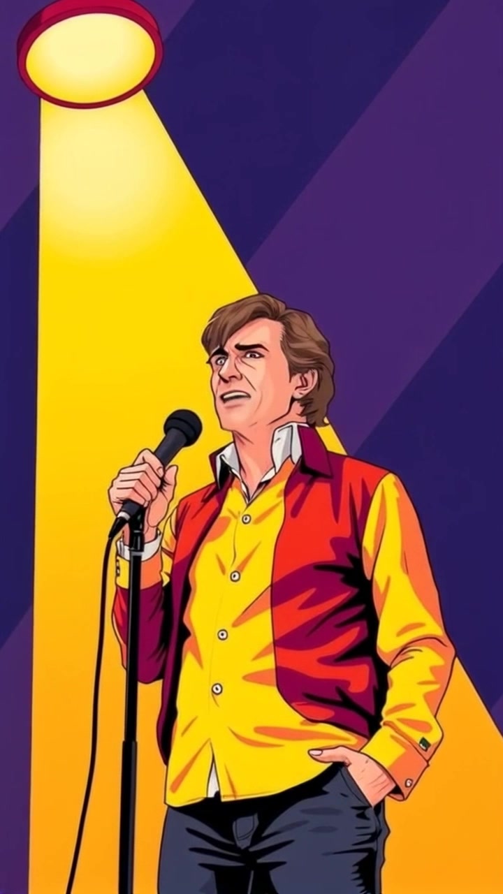 Subject: Mark stands confidently in a dramatic pose on stage with a microphone. Subject movement: He delivers an impassioned speech, animated gestures accentuating his words as he moves slightly from side to side. Scene: A spotlight illuminates Mark against a darkened theater backdrop, emphasizing his presence at the center. Style: High-contrast lighting creates a theatrical atmosphere, with shadows deepening the mood. Motion: The camera slowly pans inwards from the audience's perspective, capturing the intensity of Mark's expression and the energy of the moment.