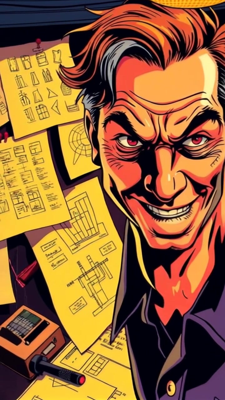 Scene: A dimly lit room filled with chaotic drawings and plans scattered across the walls. Style: Moody lighting accentuating the shadows and creating an eerie atmosphere. Motion: The camera begins with a close-up of a sinister grin, then gently push in to reveal more of the surrounding chaotic environment, enhancing the suspense and intrigue.