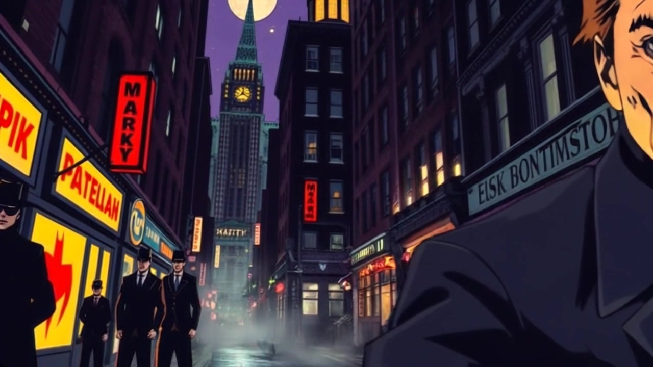 Scene: A dark and chaotic street in Gotham City at night, the shadows flickering with mystery. Style: Eerie, low-key lighting casting dramatic shadows and highlights, creating a sense of tension. Motion: The camera slowly pans down the street, revealing the ominous atmosphere, as distant sirens wail and a gust of wind stirs debris in the alley.