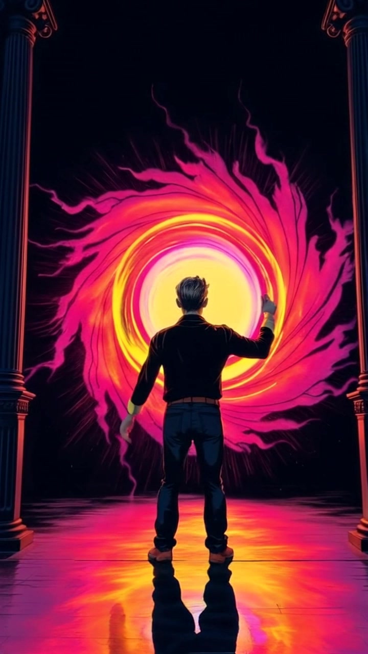 Subject: A person opening a swirling, colorful portal. Subject movement: Mark stretches out his hands as he channels energy into the portal, which begins to illuminate the dark room with vibrant hues. Scene: A large, dark room filled with swirling, bright colors emerging from the portal. Style: Ambient lighting creates dramatic shadows, accentuating the contrast between the darkness of the room and the vivid colors of the portal. Motion: The camera slowly pushes in towards Mark, capturing the intensity of the moment as the portal pulses with energy.
