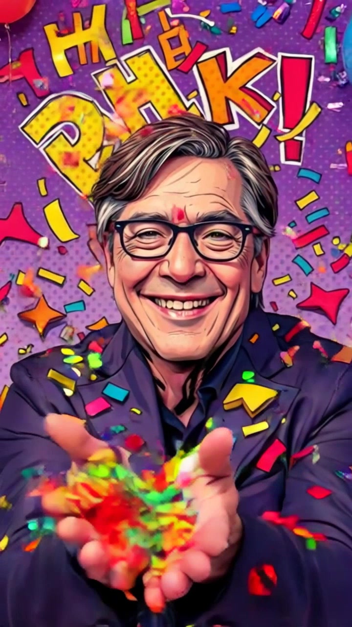 Subject: A person with a wide grin. Subject movement: They are playfully throwing colorful confetti into the air, surrounded by vibrant props. Scene: Chaotic celebration setup filled with balloons and streamers, creating an energetic atmosphere. Style: Bright, festive lighting illuminating the scene with a joyful glow. Motion: Handheld camera tracking shot, following the subject's lively movements, capturing their laughter and the swirling colors around them.