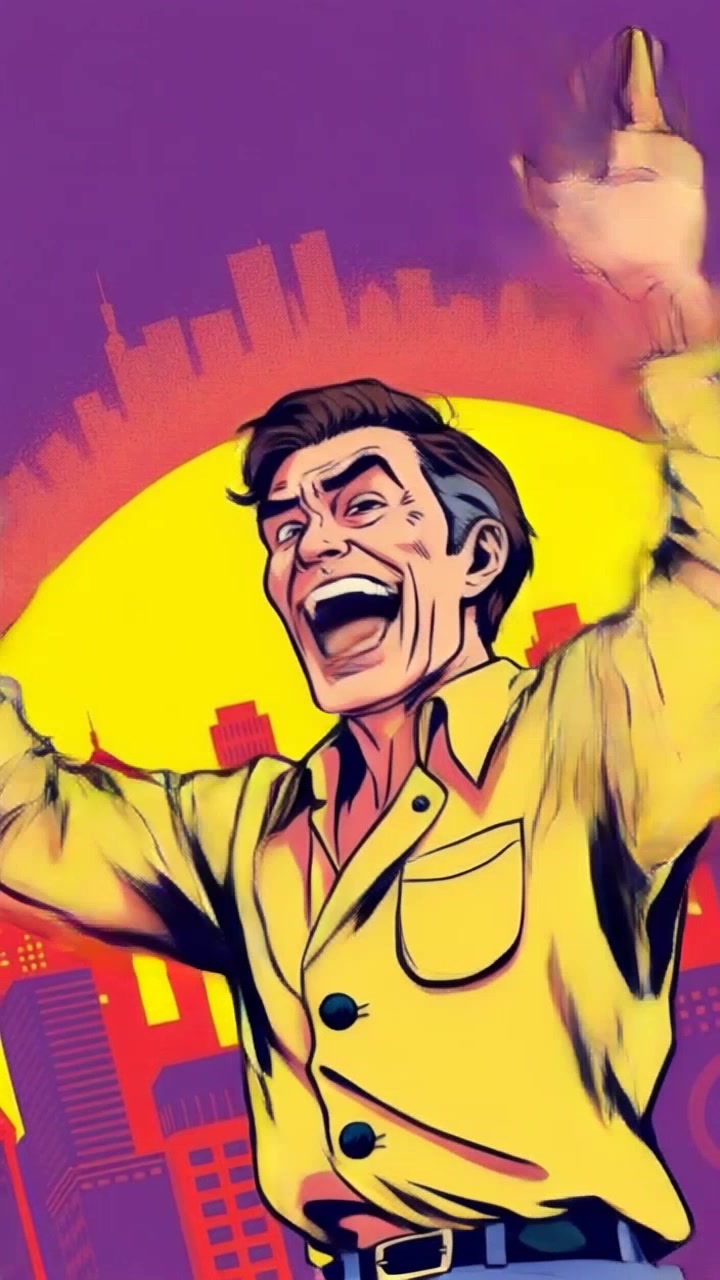 Subject: A character laughing maniacally. Subject movement: The character waves his arms energetically, exuding a sense of chaotic joy. Scene: Urban cityscape as the backdrop, with towering buildings and vibrant city lights. Style: Evening light casting dramatic shadows, creating a lively yet mischievous atmosphere. Motion: The camera dolly moves in closer, capturing the character's expression, then pulls back to reveal the cityscape stretching out behind him.