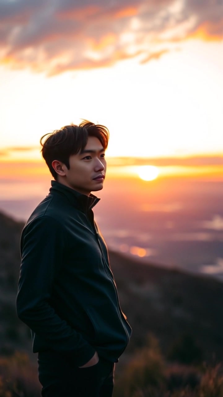 Subject: A contemplative figure standing on a hilltop at sunset. Subject movement: The figure gazes out towards the horizon, radiating hope and tranquility. Scene: Hilltop overlooking a vast landscape, with the sun setting in a vibrant burst of oranges and purples. Style: Warm sunset lighting that bathes the scene in a golden glow, enhancing the sense of serenity. Motion: Camera slowly pushes in towards the figure, capturing the expansive view and the shifting colors of the sky as the day transitions into night.