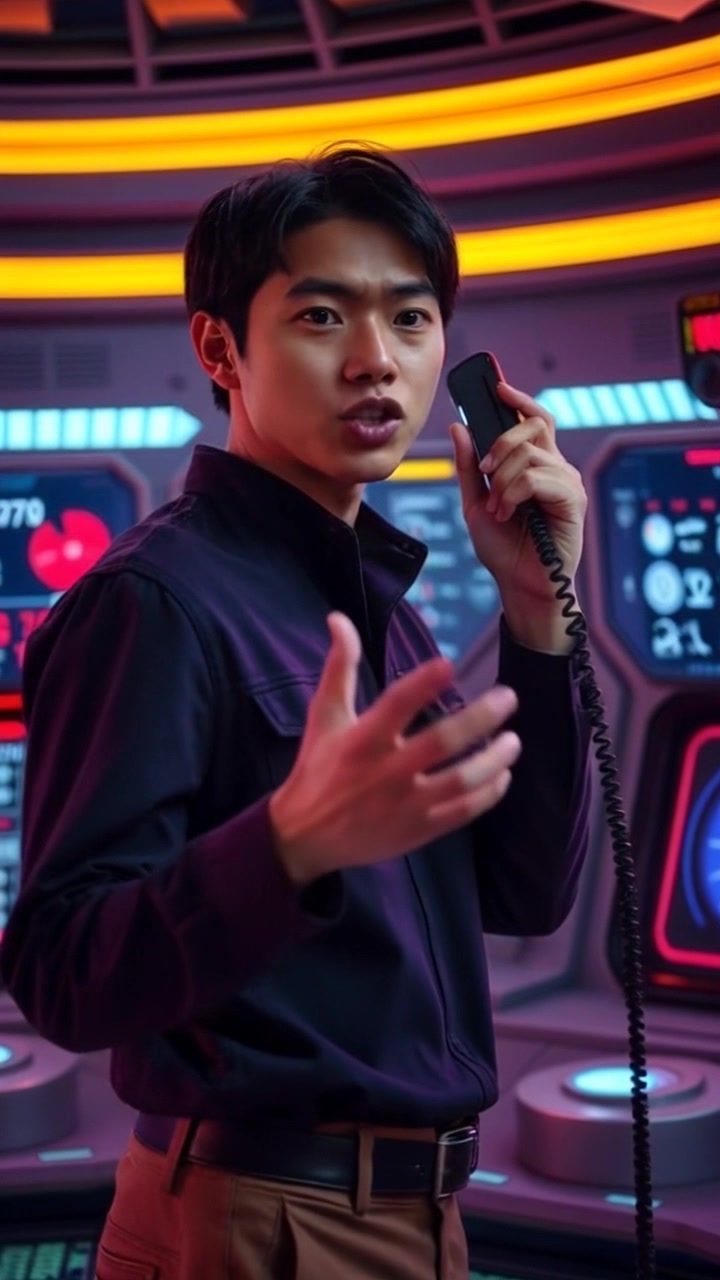 Subject: A figure at a control panel. Subject movement: The figure gestures animatedly while speaking urgently into a communicator. Scene: A high-tech control room filled with monitors displaying dynamic data and glowing buttons. Style: Cool blue lighting creating a futuristic atmosphere, enhancing the urgency of the scene. Motion: Camera pushes in slowly on the figure, capturing the intense focus and surrounding technical details, while subtle movements simulate the flickering screens' reflections.