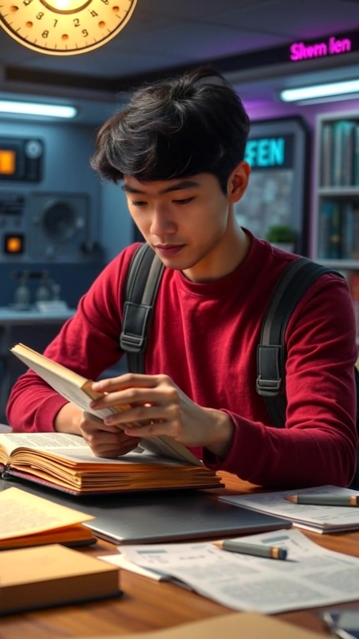 Subject: A focused individual studying at a desk. Subject movement: The person occasionally glances at a book, then writing notes. Scene: A cluttered desk filled with open books and scattered papers, showcasing a studious environment. Style: Soft, natural lighting with a warm ambiance that creates an inviting atmosphere. Motion: Camera slowly zooms in on the subject's concentrated expression, then pulls back to reveal the surrounding clutter, capturing the essence of an immersive study session.