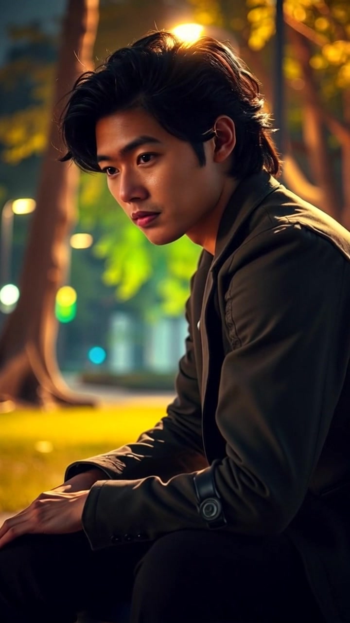 Scene: A young man sitting on a park bench in a tranquil park, surrounded by vibrant greenery and soft sunlight filtering through the leaves. Style: Warm, inviting afternoon light creating a serene atmosphere. Motion: Camera slowly pushes in towards the man, capturing the contemplative expression on his face as he gazes thoughtfully at the ground, with the sounds of nature softly fading in the background.