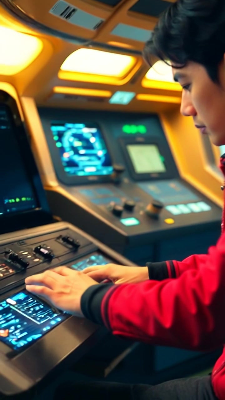 Subject: A determined individual inputting commands into a high-tech navigational console. Subject movement: Fingers moving swiftly across the console, a look of concentration on their face. Scene: Interior of a futuristic spaceship control room, filled with glowing screens and complex technology. Lighting: Subtle blue and green ambient lighting creates a techy atmosphere, highlighting the determination on the subject's face. Motion: The camera begins with a tight close-up on the console, then smoothly pulls back to reveal the surrounding technology as urgency builds in the command center.