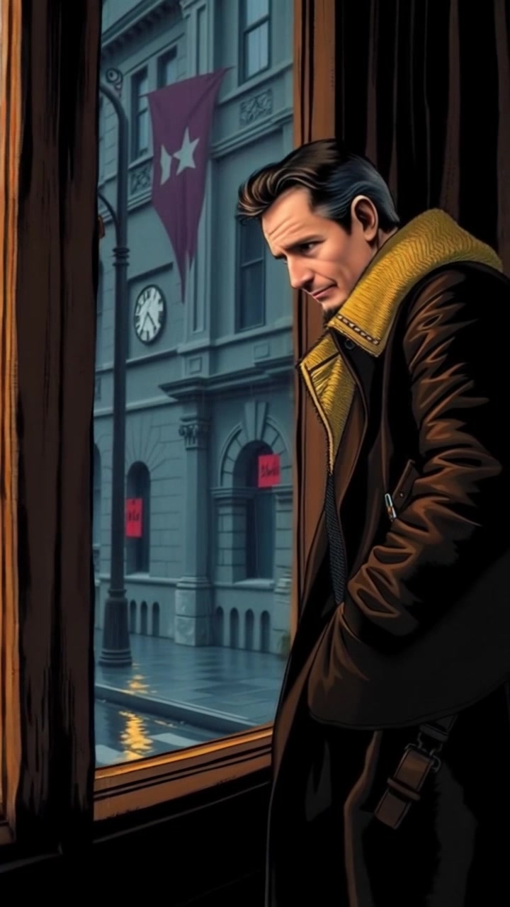 Subject: A person standing near a window with a concerned expression. Subject movement: The person shifts slightly, glancing back and forth between the street and the interior. Scene: An indoor setting with soft morning light filtering through the window, casting gentle shadows. Motion: The camera begins with a close-up on the person's face, capturing their concern, then slowly pulls back to reveal the surrounding room and the view outside, enhancing the feeling of apprehension.