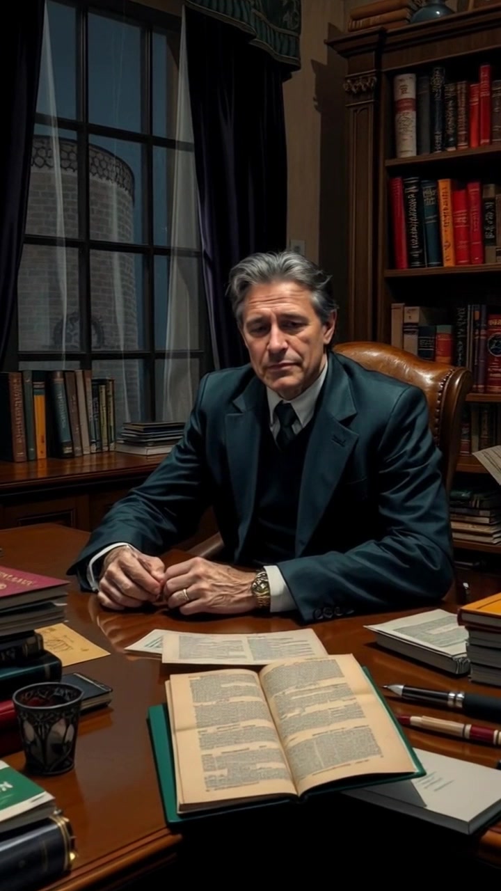 Scene: A dimly lit study featuring a wooden desk cluttered with books and paperwork, evoking a sense of focus and contemplation. Style: Soft, warm lighting creates inviting shadows, enhancing the cozy atmosphere. Motion: The camera gently pushes in towards the desk, capturing the details of the scattered notes and the serene environment.
