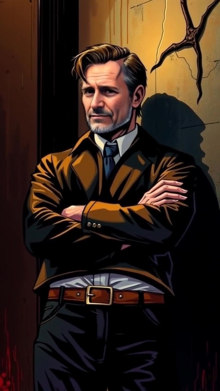 Subject: A person standing confidently in a shadowy corner of a dimly lit room, arms crossed and a smirk on their face. Scene: The moody atmosphere of a bar, emphasizing deep shadows and soft, ambient lighting that enhances the sense of mystery. Motion: The camera slowly pushes in on the subject, capturing the subtleties of their expression while maintaining a tight focus, as the background blurs softly into darkness.