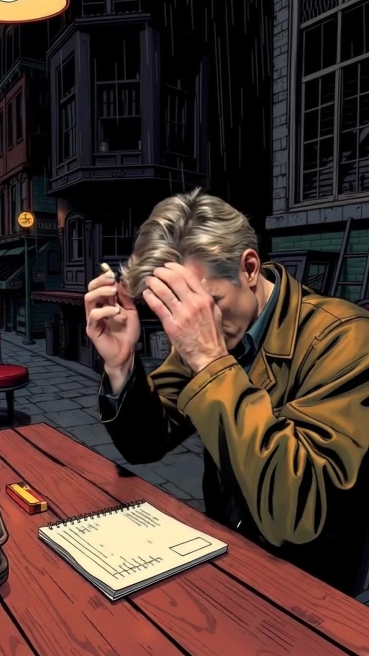 Subject: A person sitting at a wooden table. Subject movement: The person leans forward, rubbing their temples in frustration. Scene: A cozy, dimly lit room with warm hues and a hint of clutter. Style: Soft, ambient lighting enhancing the warm atmosphere, casting gentle shadows. Motion: Camera pushes in slowly, capturing the details of the notepad and pen, as the person's expression shifts from contemplation to determination.