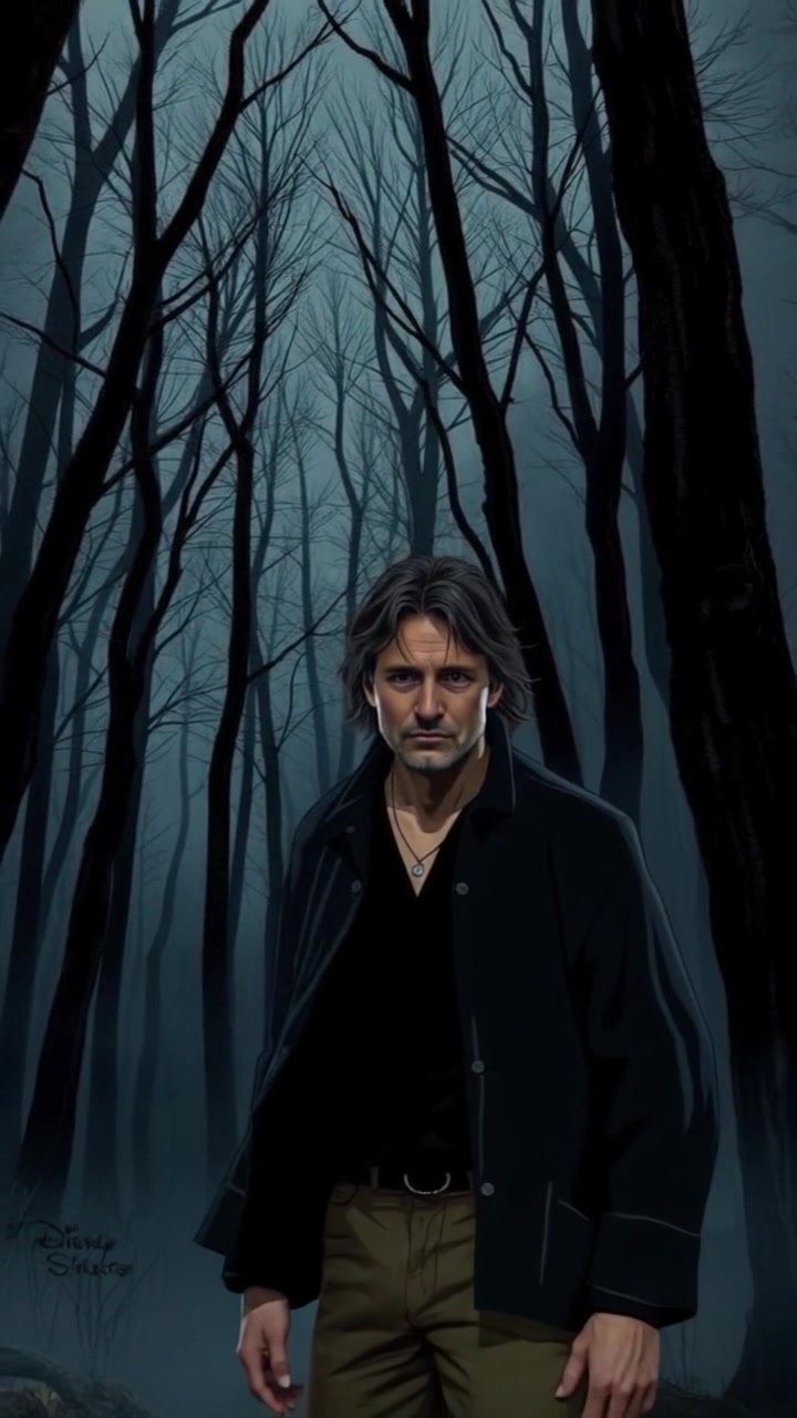 Subject: Mark standing still among the shadows of a dark forest, radiating fear. Scene: Thick trees loom overhead in a confined, eerie woodland, shadows stretching ominously around him. Style: Ominous and low light, creating a tense atmosphere filled with anxiety. Motion: A handheld camera moves in closer to Mark, capturing his anxious expressions while the forest seems to close in around him, heightening the sense of dread.