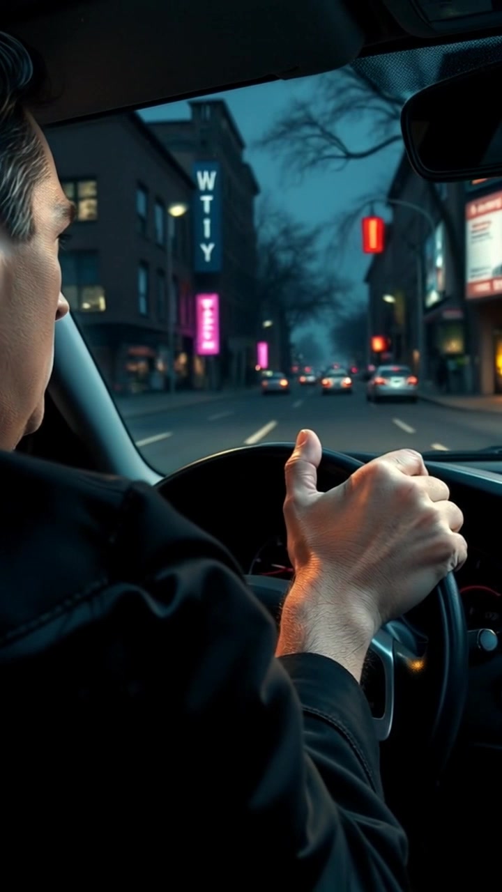 Scene: Close-up of hands gripping a steering wheel in a car, suggesting focus and determination. Style: Dramatic lighting with high contrast, emphasizing the tension in the hands and the sleek interior of the vehicle. Motion: Camera begins with a tight focus on the hands, then slowly pulls back to reveal the dashboard, capturing the tension of the moment as the car accelerates down the open road.