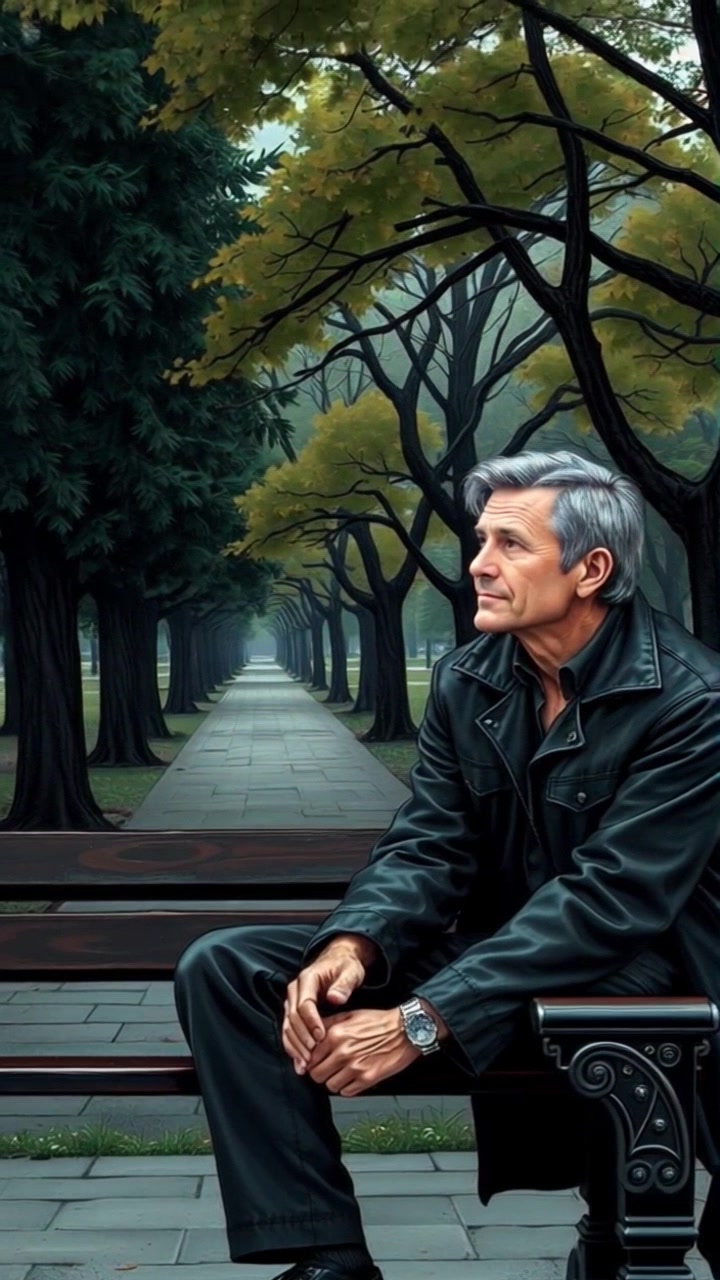 Subject: A contemplative figure sitting on a park bench. Subject movement: The figure subtly shifts position, glancing up occasionally as if lost in thought. Scene: A serene park setting with tall trees swaying gently in the background and a peaceful path winding through lush greenery. Style: Soft, ambient morning light filtering through the trees, creating a warm and inviting atmosphere. Motion: The camera slowly pans in, capturing details of the figure's expression, then transitions to a wider shot of the tranquil park environment.