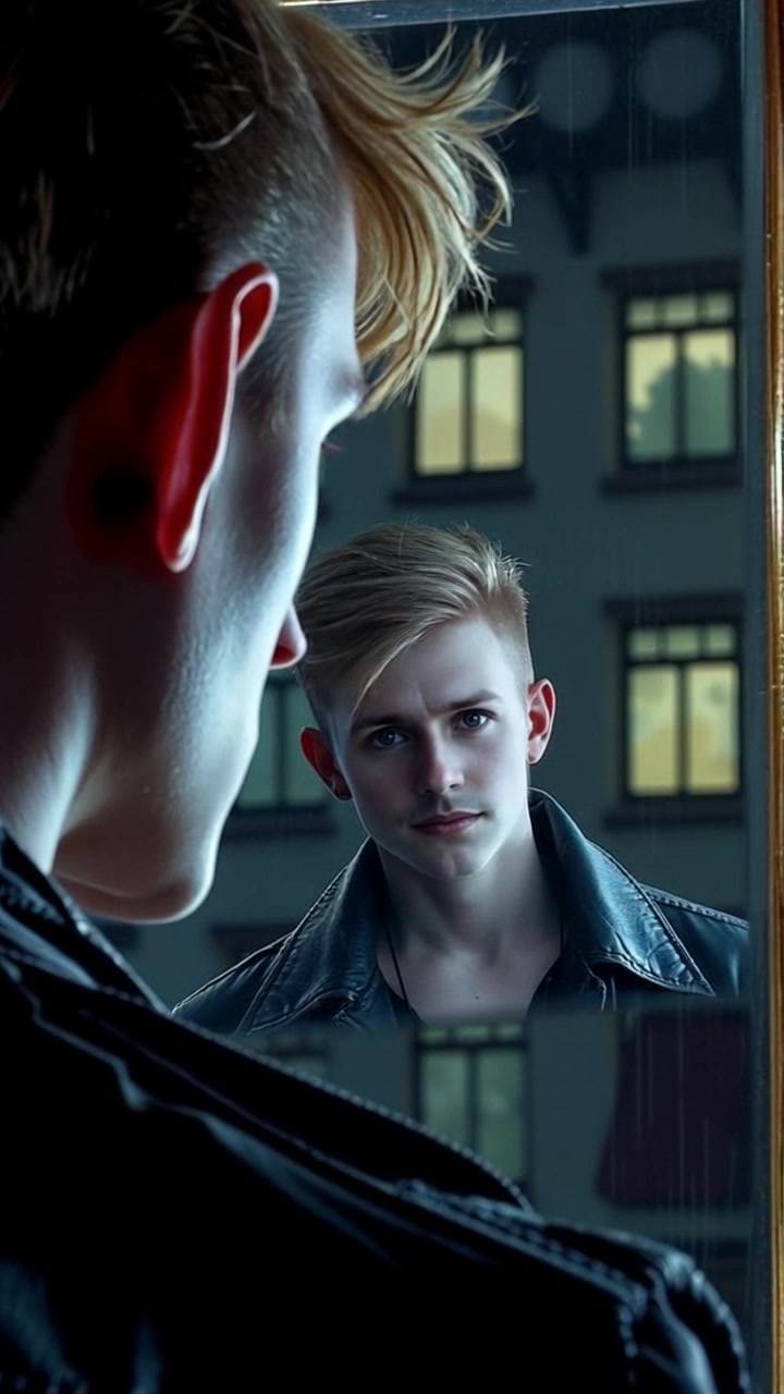Scene: A serene bathroom setting with soft colors and elegant decor, centered around a mirror. Lighting: Soft ambient light illuminates the room, creating a calm and introspective atmosphere. Motion: The camera slowly pushes in on the mirror's reflection, capturing subtle expressions on Ryan's face as he gazes thoughtfully at himself, amplifying the reflective moment.