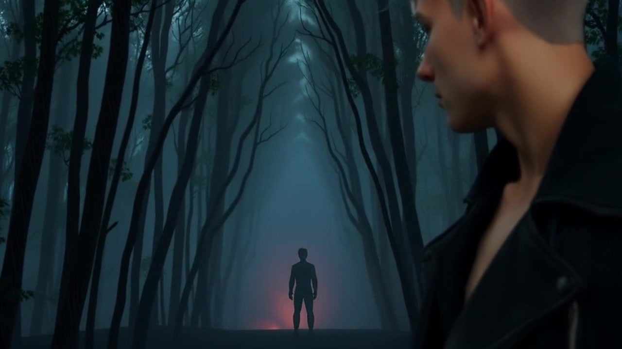 Scene: A dark, enigmatic forest shrouded in mist, evoking a sense of secrecy and intrigue. Style: Dim lighting pierced by soft, ethereal glows that illuminate the edges of the foliage, enhancing the mysterious atmosphere. Motion: The camera slowly glides through the trees, revealing the faint silhouette of a figure in the mist, as swirling fog dances gracefully around.