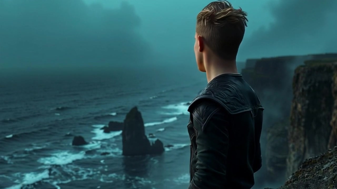 Subject: A contemplative figure standing on a cliff, gazing thoughtfully at the vast ocean below. Subject Movement: The figure shifts slightly, adjusting their posture as a gentle breeze tousles their hair. Scene: Dramatic cliffside with crashing waves against rocky outcrops, set against a vast, open sky. Style: Soft, ambient morning light filters through the clouds, casting a serene glow over the scene. Motion: Camera slowly pans out from a close-up of the figure's expression to reveal the breathtaking seascape, capturing the expansive horizon.