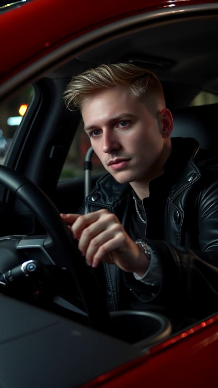 Subject: A focused individual in the driver's seat of a modern car. Subject movement: The person confidently adjusts the steering wheel while gazing intently ahead. Scene: Inside a sleek car, illuminated by dashboard lights, with city lights flickering outside the windshield. Style: Cool, ambient night lighting creating a dynamic atmosphere. Motion: Camera begins with a close-up of the person's hands on the steering wheel, before pulling back to reveal their determined expression and the bustling cityscape beyond.