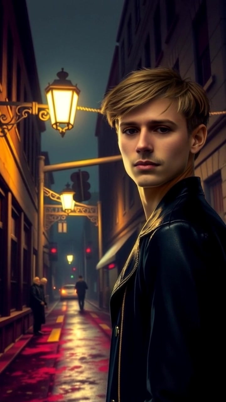 Subject: A figure standing under a flickering streetlight. Scene: A dimly lit street, shrouded in shadows, with an atmospheric and moody ambiance. Lighting: Soft, flickering light from the streetlamp creates contrast against the dark surroundings. Motion: The camera slowly dolly in from a distance, revealing the figure's contemplative expression as the light flickers ominously, enhancing the eerie atmosphere.