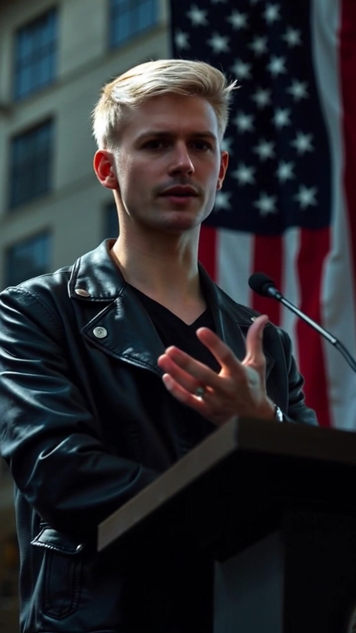 Subject: A speaker passionately addressing an audience from a podium. Subject movement: The speaker gestures emphatically while delivering an impactful speech. Scene: A formal setting with the American flag prominently displayed as the backdrop, capturing the seriousness of the moment. Style: Bright, spotlight illumination enhancing the subject's presence. Motion: Camera slowly zooms in on the speaker, gradually shifting to capture the audience's focused expressions, creating an engaging atmosphere.