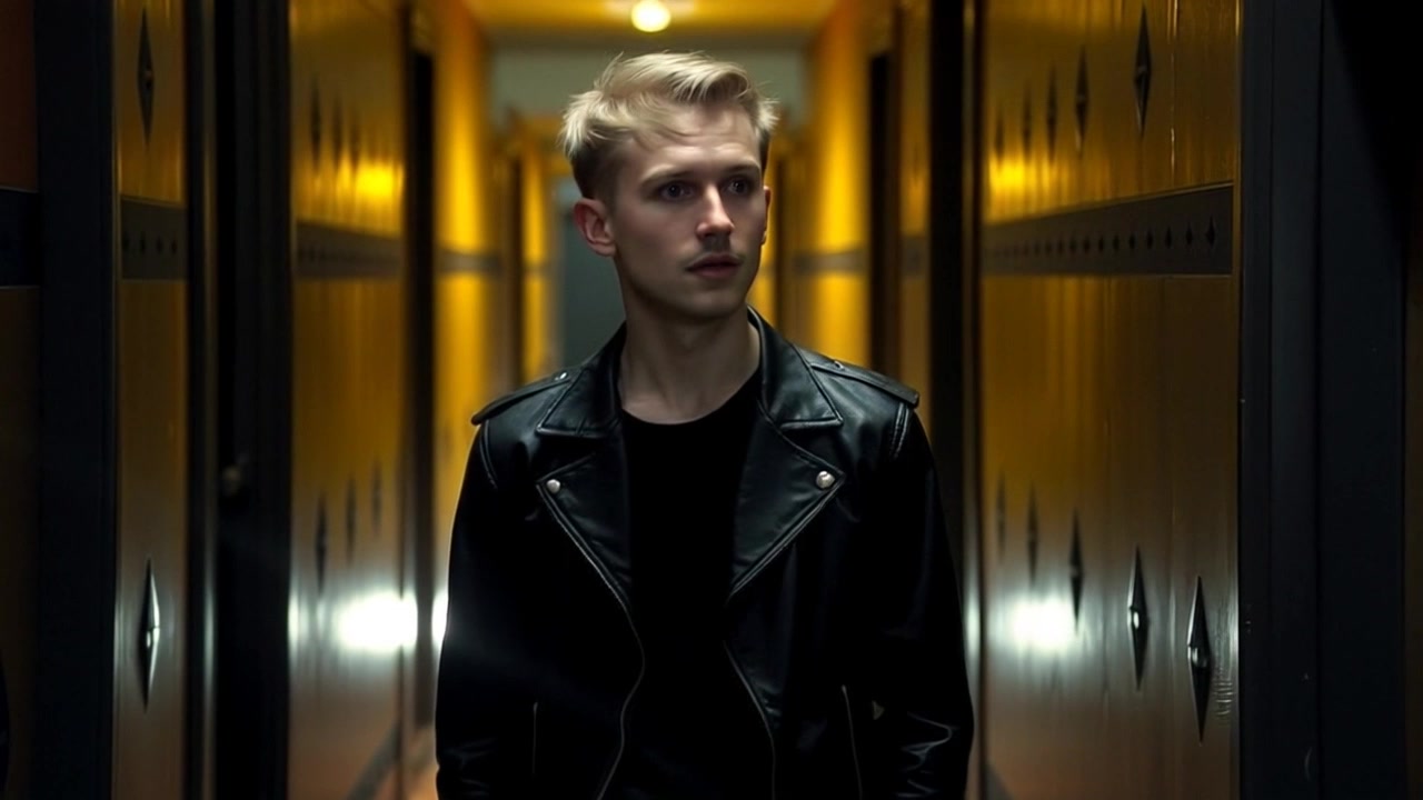 Subject: A person standing in the center of a dimly lit hallway, looking surprised, glancing towards an unseen figure. Subject movement: The figure shifts slightly, leaning forward with curiosity and anticipation. Scene: Dimly lit hallway with shadows stretching along the walls, giving a mysterious atmosphere. Style: Low-key lighting enhancing the drama, with soft shadows and subtle highlights. Motion: Handheld camera moves in closer to the subject, capturing the surprise on their face, then pans slightly to the right to create a sense of tension and reveal the unseen figure.