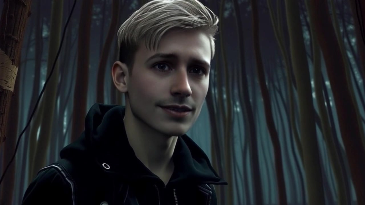 Subject: A person looking anxious. Scene: A dimly lit forest with towering trees casting shadows around him. Style: Moody lighting creating an atmosphere of tension and unease. Motion: The camera slowly pushes in on the subject's face, capturing the subtle shift in expressions as he glances around nervously, with rustling leaves in the background enhancing the feeling of isolation.