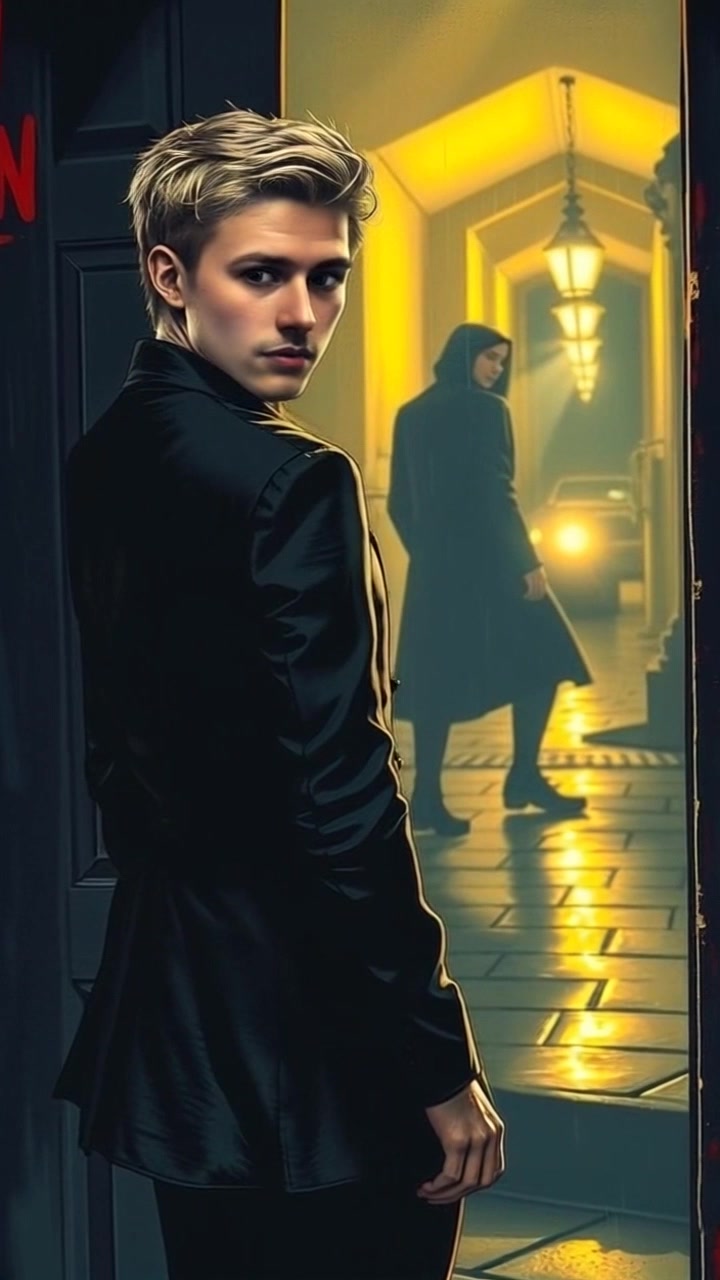 Subject: A figure standing at the entrance of a dark room. Subject movement: The figure glances back over their shoulder towards an unseen presence, slightly shifting their weight as if preparing to step back. Scene: An ominous dark room with muted shadows and barely visible details, contrasting with the figure's silhouette. Style: Low-key lighting creates a tense atmosphere, accentuating the mystery surrounding the unseen figure. Motion: The camera slowly pushes in towards the figure, capturing their anxious expression before the shot lingers on the entrance, heightening suspense.