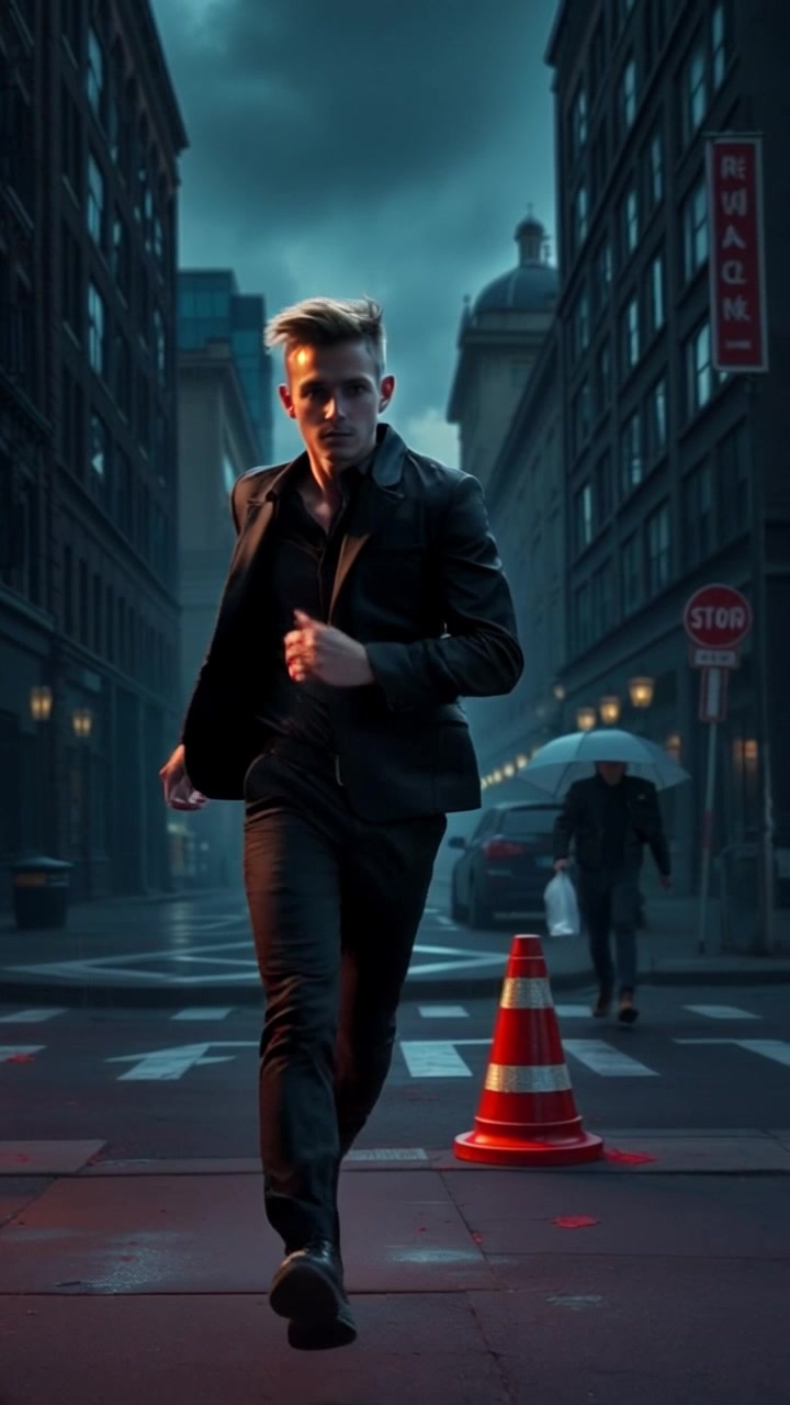 Subject: A person running energetically down a deserted urban street at dusk. Subject movement: The individual glances around cautiously, sprinting forward with determination. Scene: Darkening sky over a quiet street lined with abandoned buildings, urban decay visible in the backdrop. Style: Ambient lighting with deep shadows and hints of streetlight glow. Motion: The camera follows closely on a handheld tracking shot, weaving slightly as it keeps pace with the runner, capturing the tension and urgency of the scene.