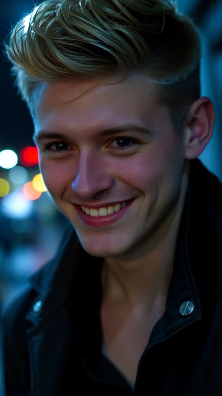 Subject: A person smiling with a humorous glint in their blue eyes. Scene: Close-up shot, with a softly blurred background that emphasizes the subject's joyful expression. Style: Soft, natural lighting that enhances the warmth of the smile, creating an inviting atmosphere. Motion: The camera gradually pushes in from a wise angle, capturing the brightness in the person's eyes as the expression shifts playfully, culminating in a slight chuckle.