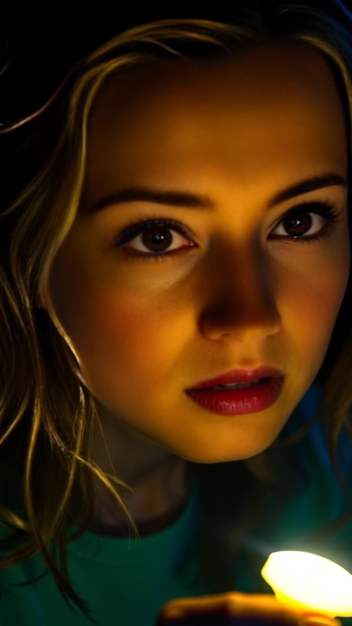 Subject: A concerned face illuminated by a flashlight beam. Scene: Close-up of a person's face, surrounded by darkness, capturing the tension of the moment. Lighting: Dramatic lighting from the flashlight creates high contrast, emphasizing the features and expression. Motion: The camera slowly pushes in on the face, capturing subtle changes in expression as shadows dance around in the background, enhancing the sense of urgency.