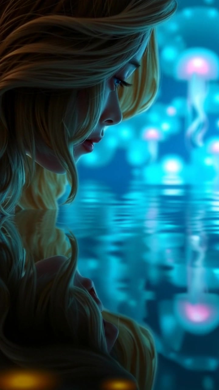 Subject: A figure gazing thoughtfully down at a tranquil lake, her reflection shimmering in the water's surface. Subject movement: She gently leans closer to the water, causing ripples that distort her reflection. Scene: A serene lakeside setting surrounded by lush trees and soft greenery. Style: Early morning light creating a peaceful, ethereal atmosphere with gentle hues. Motion: Camera smoothly glides in for a close-up of the water's surface, capturing the essence of the moment as the gentle ripples spread out.