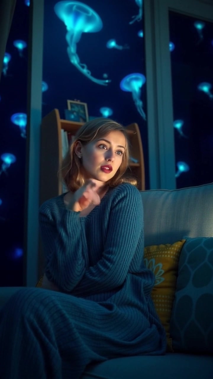 Subject: A person sitting on a couch, looking surprised and engaged. Subject movement: The person shifts slightly forward on the couch, leaning in as they listen intently. Scene: Cozy living room filled with warm colors, soft lighting, and inviting decor. Style: Soft, ambient lighting from a nearby lamp creating a warm and welcoming atmosphere. Motion: Handheld camera gently pushes in on the subject, capturing their expression as they react to the conversation.
