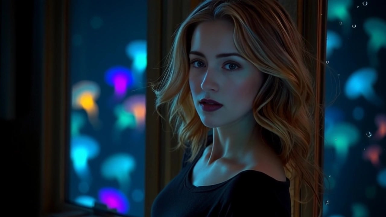 Subject: A woman standing in a dimly lit room. Subject movement: Ashley shifts her weight from one foot to the other, glancing anxiously towards the window. Scene: The interior of a softly illuminated room, with a window featuring raindrops cascading down the glass, creating a sense of isolation. Style: Low-key lighting enhances the moody atmosphere, casting soft shadows as light refracts through the water droplets. Motion: Camera zooms in gently on Ashley's face, capturing the tension in her expression before panning towards the window, revealing the stormy scene outside.