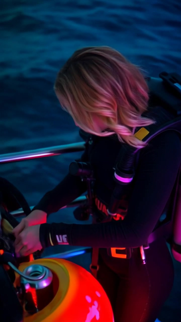 Subject: A diver in an intricate diving suit, preparing equipment on a diving platform. Subject movement: Ashley moves purposefully, adjusting tank valves and securing gear for an underwater expedition. Scene: A vibrant diving platform stationed above clear blue ocean water, surrounded by the shimmering sea and distant rocky shoreline. Style: Bright, sunlit conditions emphasize the deep azure colors of the ocean and the bold colors of the diving gear. Motion: Handheld camera tracking shot moves around Ashley, capturing her focused demeanor and the bustling atmosphere of the dive site.