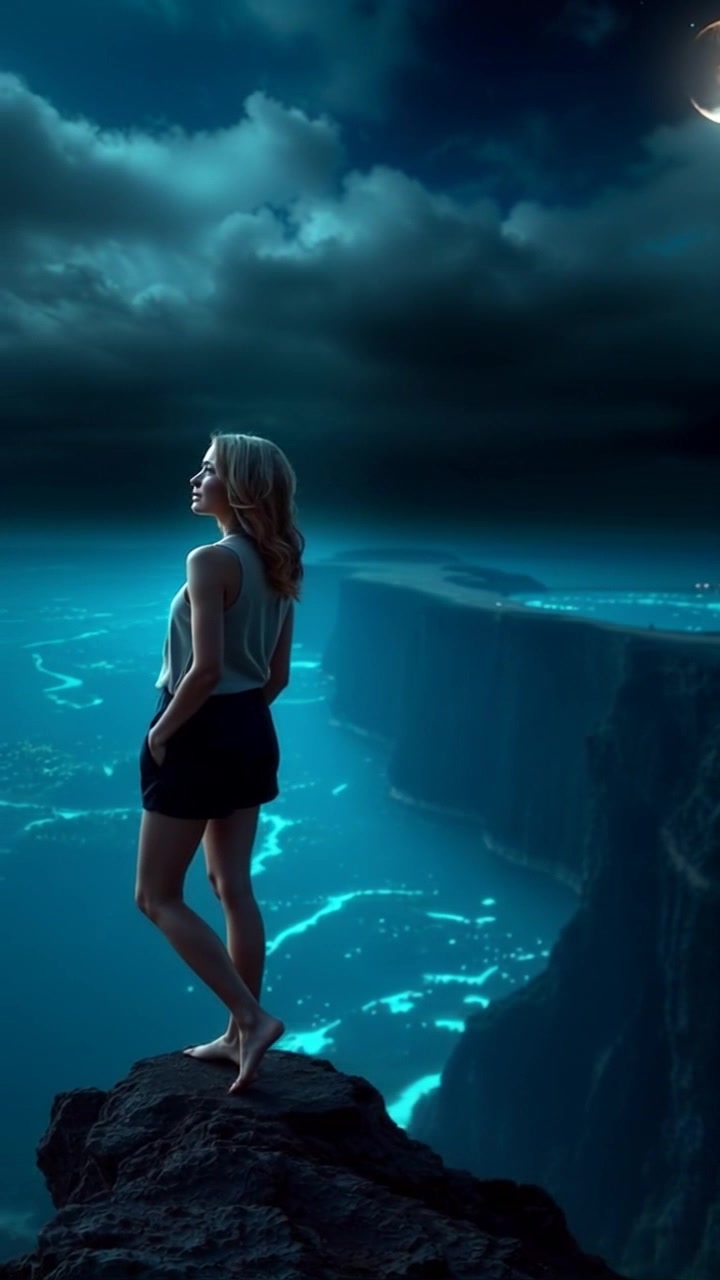 Subject: A woman standing on a rocky cliff, gazing thoughtfully at the vast landscape below. Subject movement: She turns her head slowly, taking in the view while the wind gently tousles her hair. Scene: High on a rugged cliff with dramatic clouds looming overhead, overlooking an expansive valley dotted with trees and winding rivers. Style: Soft, diffused lighting creates a moody atmosphere, enhancing the sense of depth and solitude in the vast landscape. Motion: A smooth dolly-out shot that reveals more of the breathtaking view as the camera rises slightly, showcasing the grandeur of nature surrounding her.