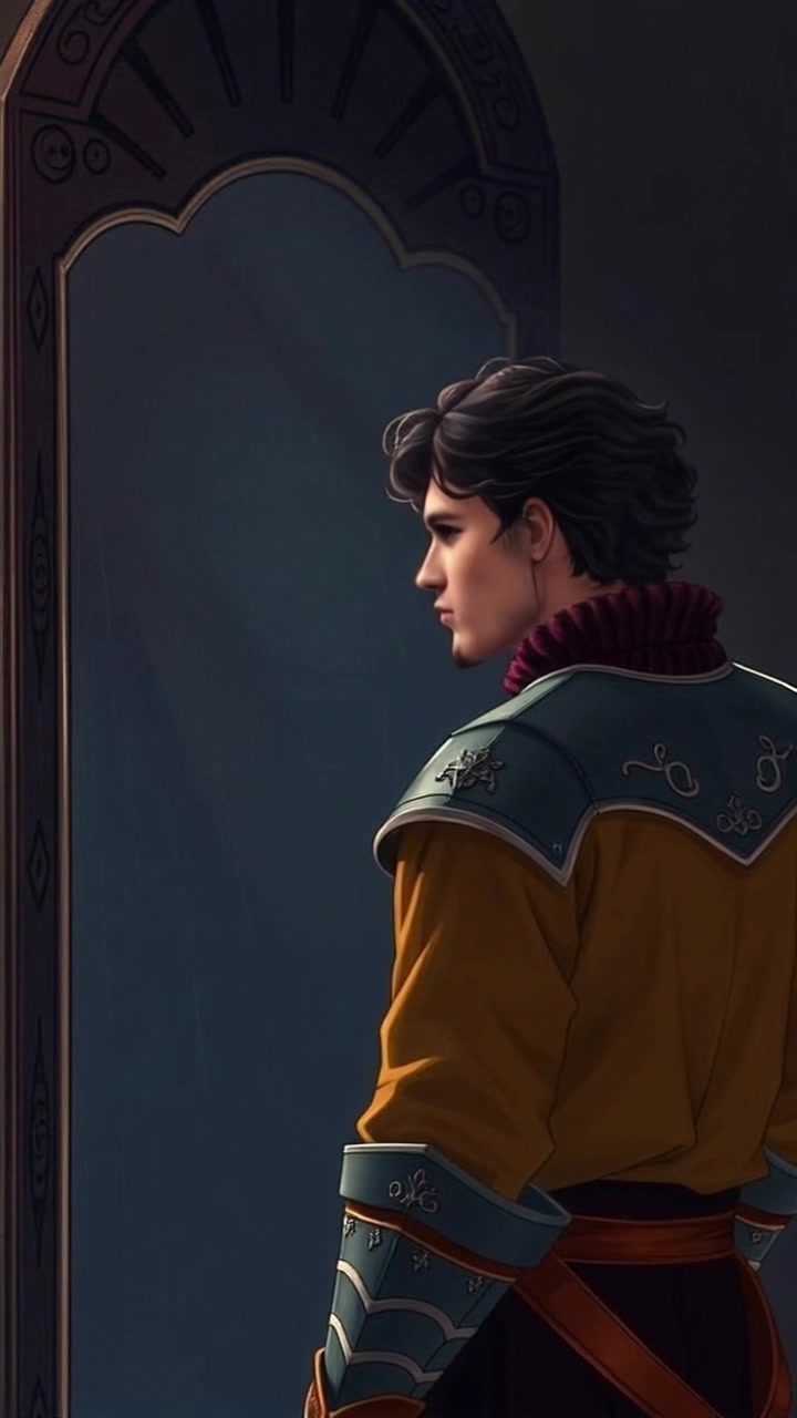 Subject: A thoughtful figure gazing into a large mirror. Scene: Mateo stands before the mirror in a dimly lit room, shadows playing softly across the walls. Style: Warm, ambient lighting enhancing the contemplative atmosphere. Motion: Begin with a close-up on Mateo's reflection, camera slowly pulling back to reveal the room's depth while maintaining focus on his introspective expression.