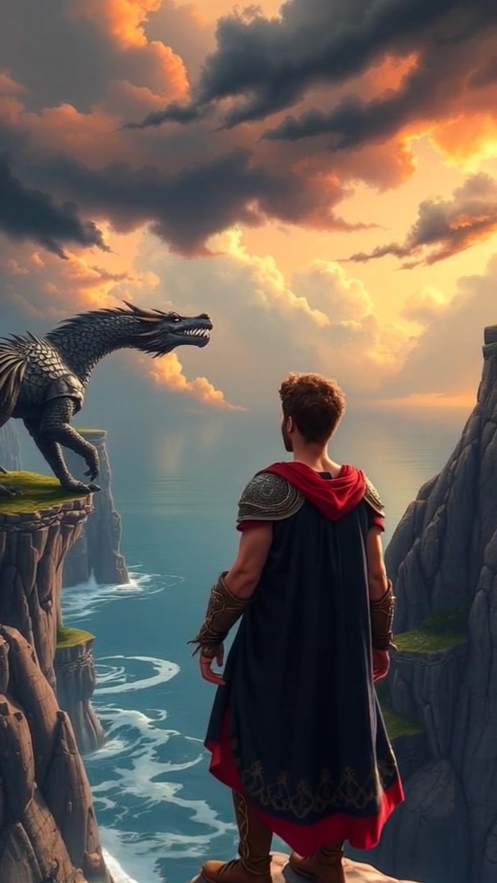 Subject: A figure standing on a rocky cliff. Subject movement: Mateo gazes thoughtfully out over the vast ocean, his stance firm against the gusty winds as he adapts to the shifting weather. Scene: A rugged cliffside overlooking turbulent ocean waves, with dark, stormy clouds swirling ominously overhead. Style: Dramatic and moody lighting with sharp contrasts, enhancing the raw power of nature. Motion: The camera slowly pushes in towards Mateo, capturing the intensity of the scene, before panning out to reveal the vastness of the ocean and the brewing tempest behind him.