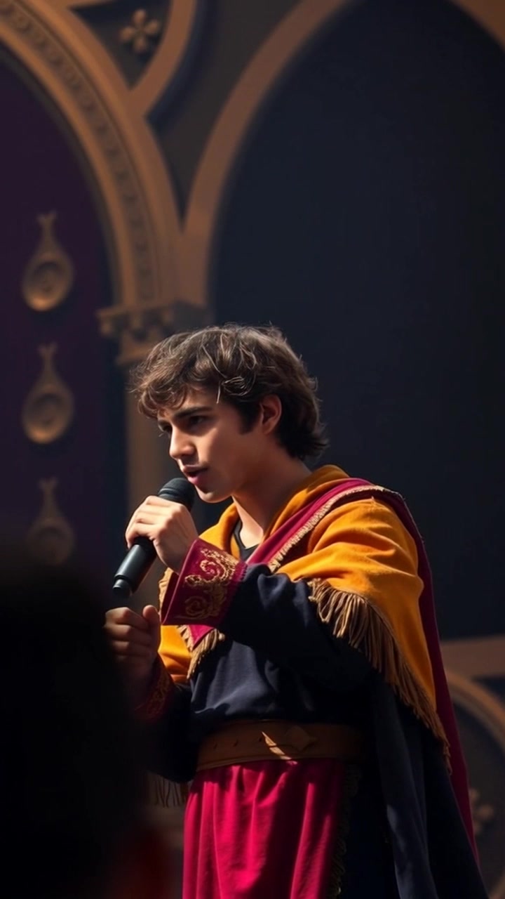 Subject: A speaker on stage with a microphone, maintaining a serious expression as he engages the audience. Scene: A dimly lit auditorium filled with attentive audience members, soft spotlight illuminating the speaker. Motion: The camera slowly dolly in towards the speaker from the back of the room, capturing the audience's reactions while intensifying the focus on his commanding presence.